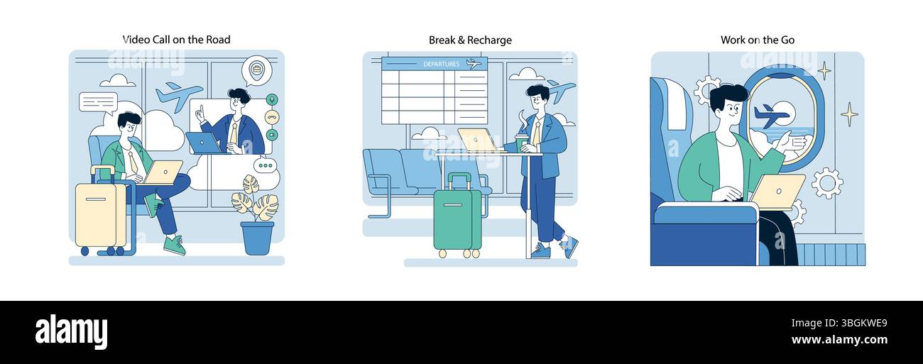 Vektorillustration von Szenen auf Geschäftsreisen. Eine Person telefoniert mit einem Laptop am Flughafen, genießt eine Pause bei Kaffee und arbeitet im Zug. Konzentrieren Sie sich auf Reisekomfort. Stock Vektor