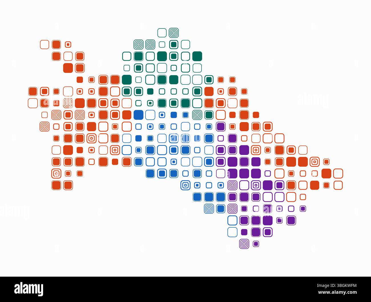 Turkmenistan, die Form des Landes, gebaut aus farbigen Zellen. Digitale Karte Turkmenistans auf weißem Hintergrund. Große abgerundete quadratische Blöcke. Stock Vektor