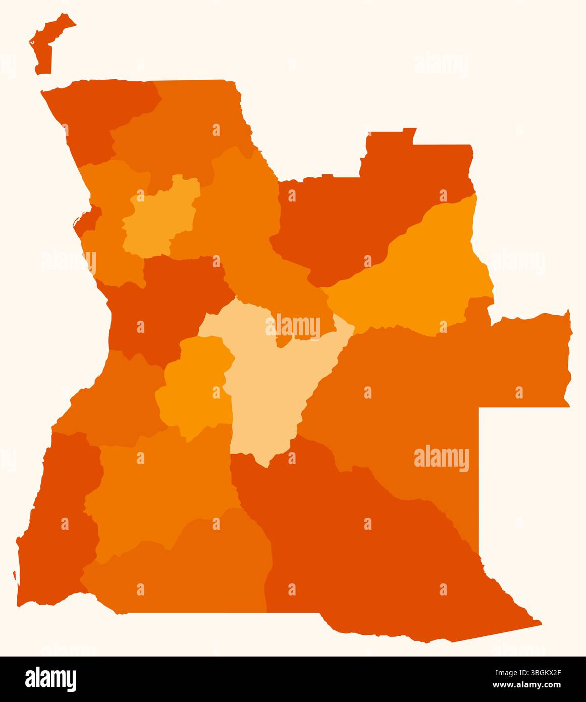 Karte von Angola mit Regionen. Nur eine einfache Ländergrenzkarte mit regionaler Aufteilung. Orangefarbene Farbpalette. Stock Vektor