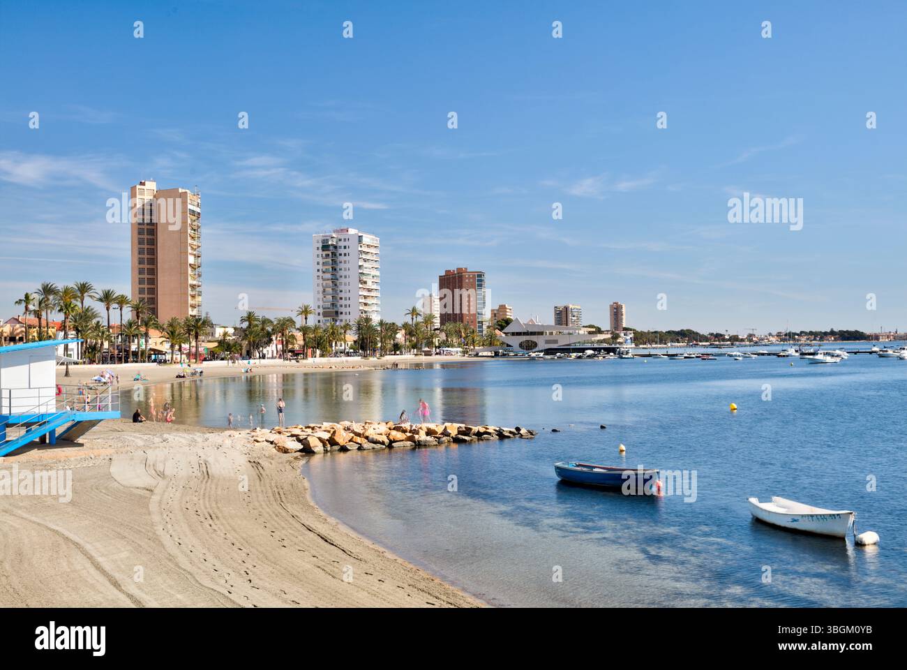 Playa Barnuevo, Boote, Idylle, Architektur, Santiago de la Ribera, Mar Menor, autonome Region Murcia, Spanien, Stockfoto