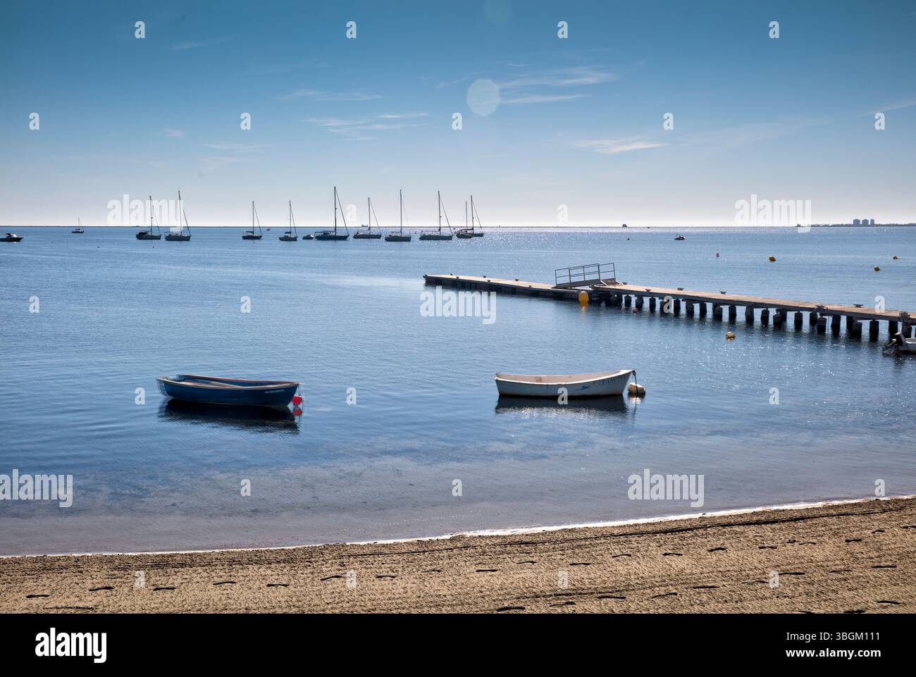 Playa Barnuevo, Steg, Boote, Idyll, Santiago de la Ribera, Mar Menor, autonome Region Murcia, Spanien, Stockfoto