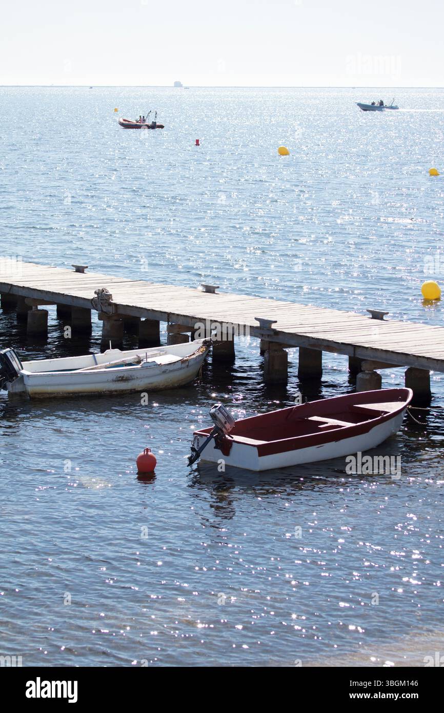 Playa Barnuevo, Steg, Boote, Idyll, Santiago de la Ribera, Mar Menor, autonome Region Murcia, Spanien, Stockfoto