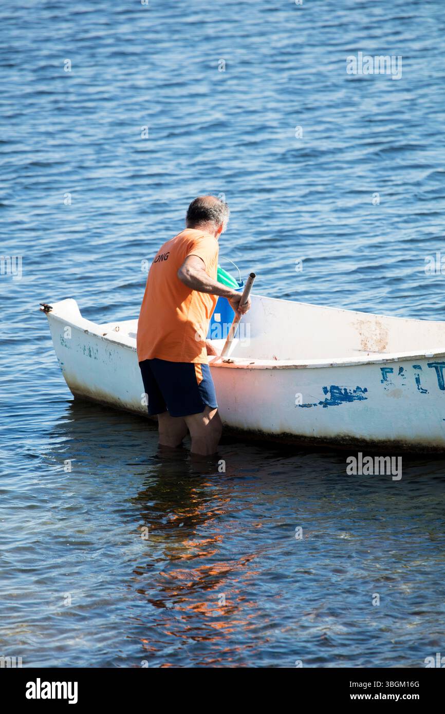 Playa Barnuevo, Boot, Fischer, Idyll, Santiago de la Ribera, Mar Menor, autonome Region Murcia, Spanien, Stockfoto