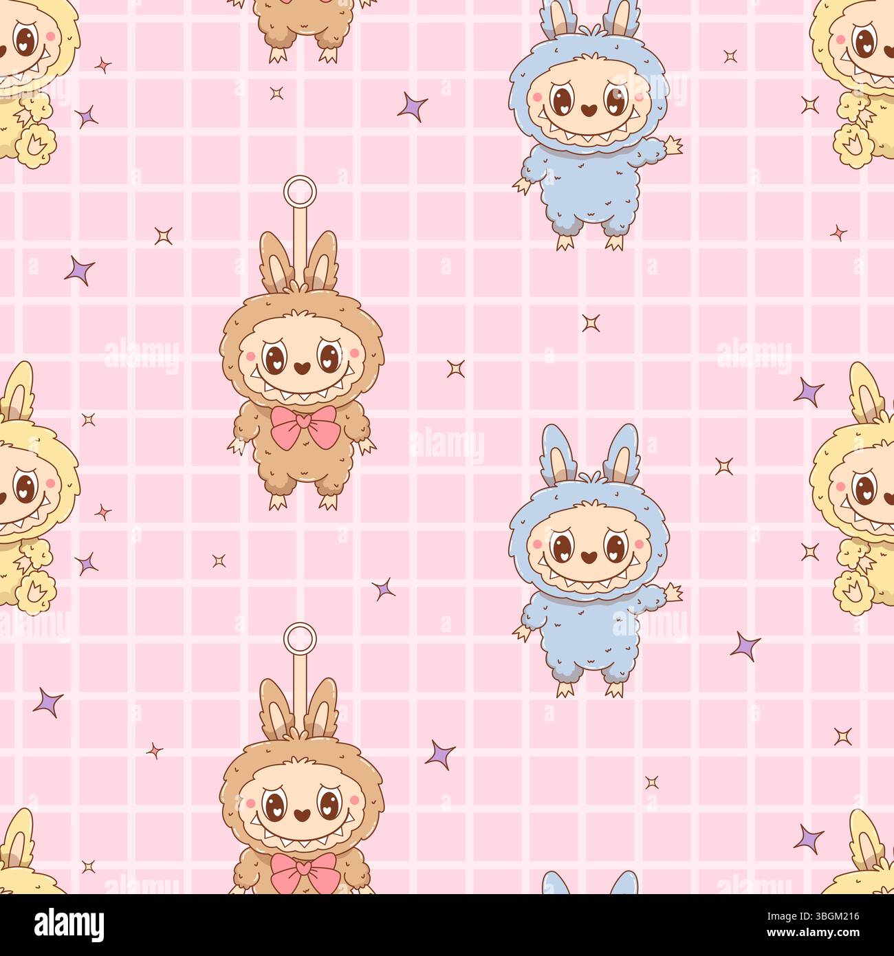 Nahtloses Muster mit niedlichem Monster Toy Labubu auf rosa kariertem Hintergrund. Comic lustige Kawaii Fantasy Plüschzahnfigur. Vektorabbildung. Stock Vektor