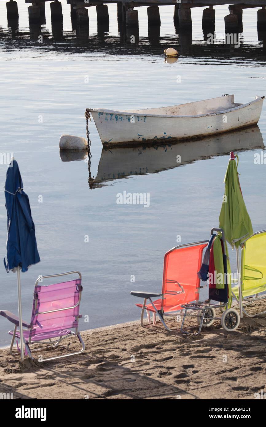 Playa Barnuevo, Steg, Boote, Idyll, Santiago de la Ribera, Mar Menor, autonome Region Murcia, Spanien, Stockfoto