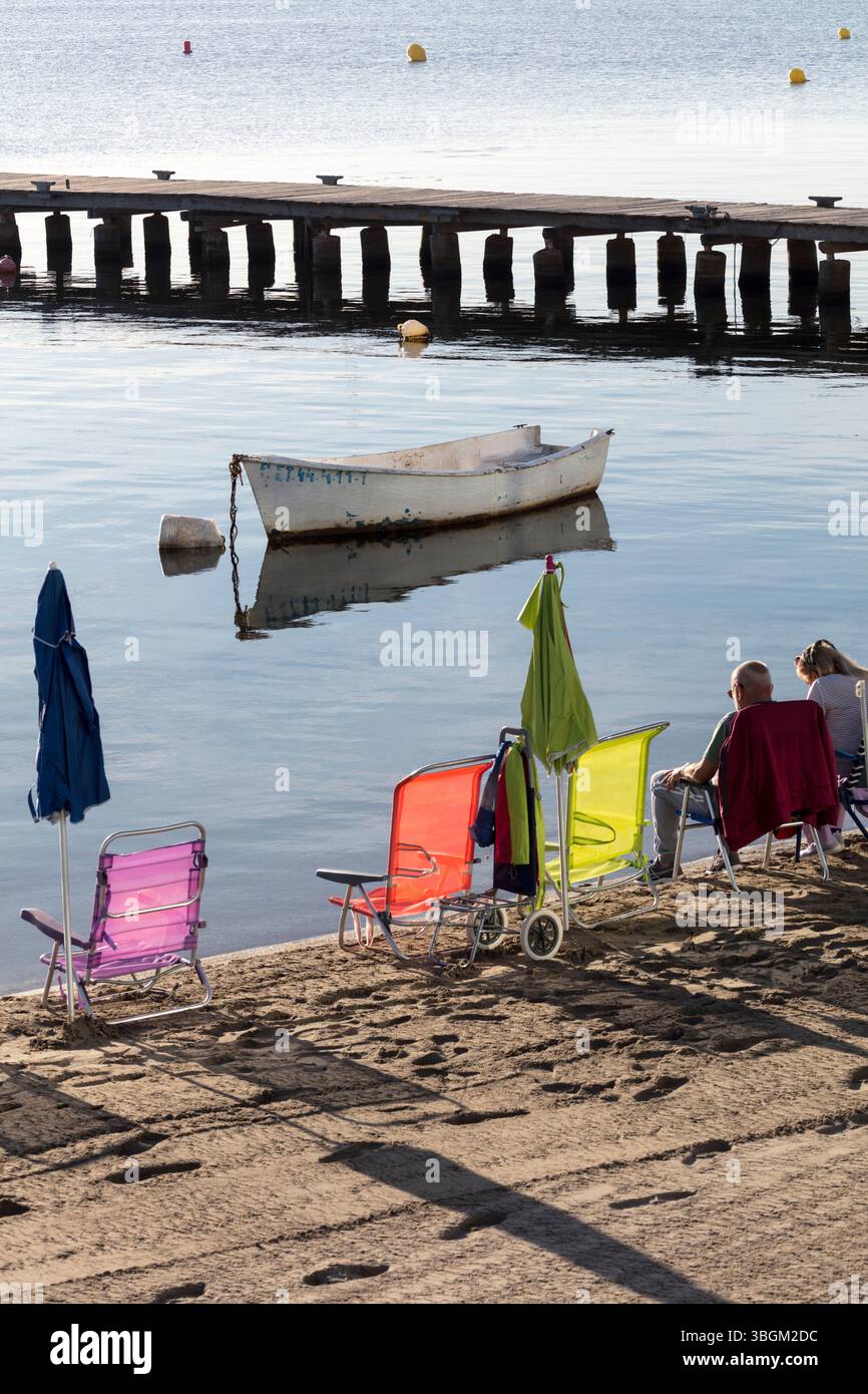 Playa Barnuevo, Steg, Boote, Idyll, Santiago de la Ribera, Mar Menor, autonome Region Murcia, Spanien, Stockfoto