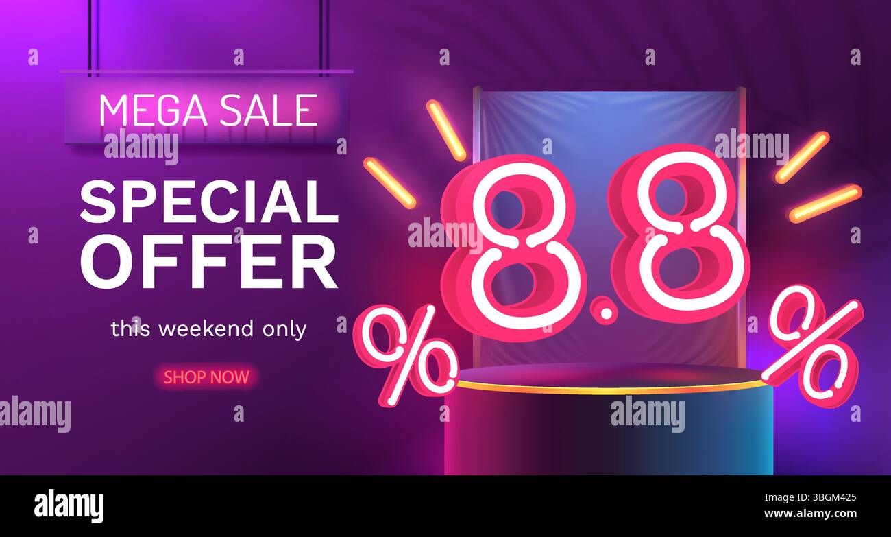 8,8 Verkaufsbanner, Sonderaktion für Veranstaltungen, Marktwerbung. Vektor Stock Vektor