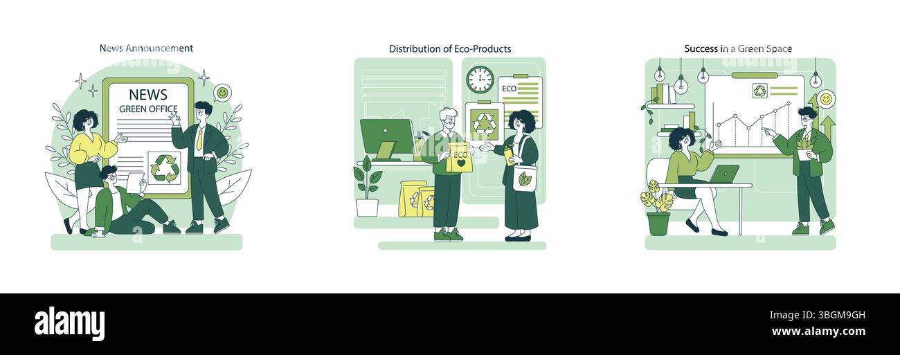 Vektor-Illustration, die umweltfreundliche Initiativen in einem umweltfreundlichen Büroumfeld zeigt, einschließlich papierloser Ankündigungen, Vertrieb von Öko-Produkten und Erfolg bei nachhaltigen Geschäftspraktiken. Stock Vektor