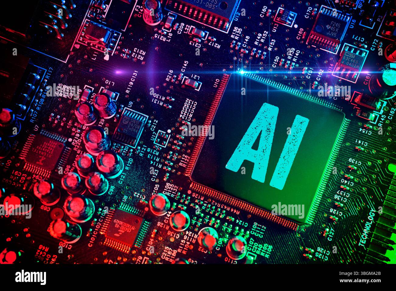 Computerchip beschriftet mit KI, künstliche Intelligenz, Fotomontage Stockfoto