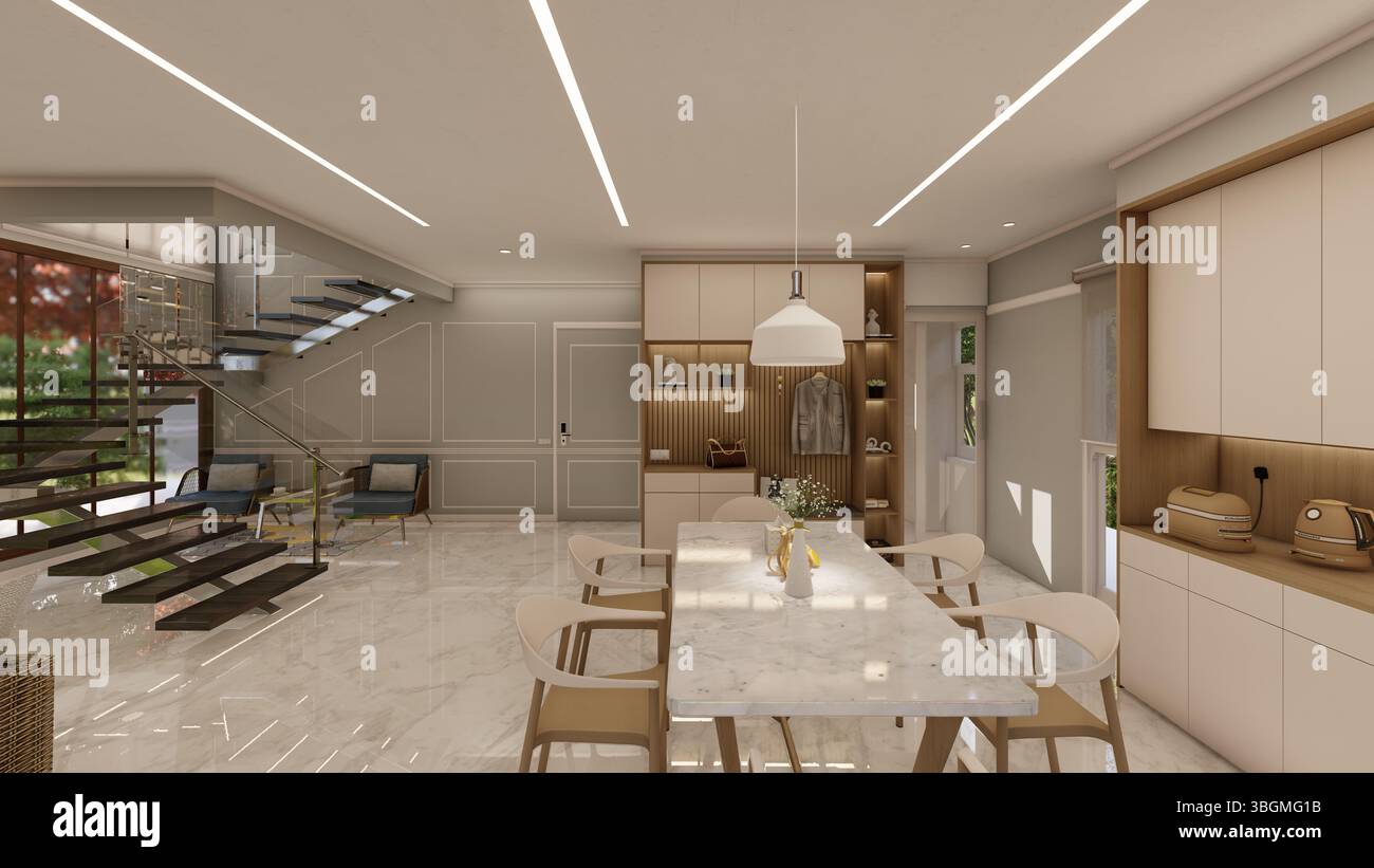 Moderner Essbereich mit schwebenden Treppenhäusern aus Holz und Marmor Stockfoto