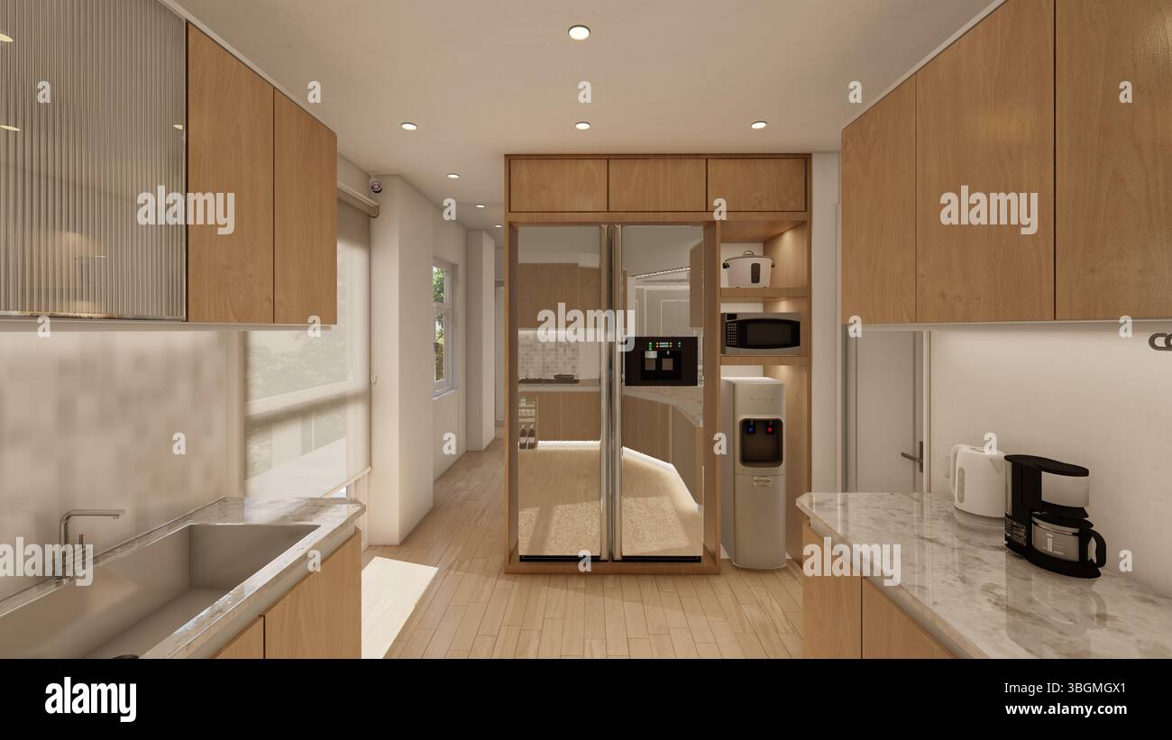 Moderne Küche mit Holzschränken und Einbaugeräten Stockfoto
