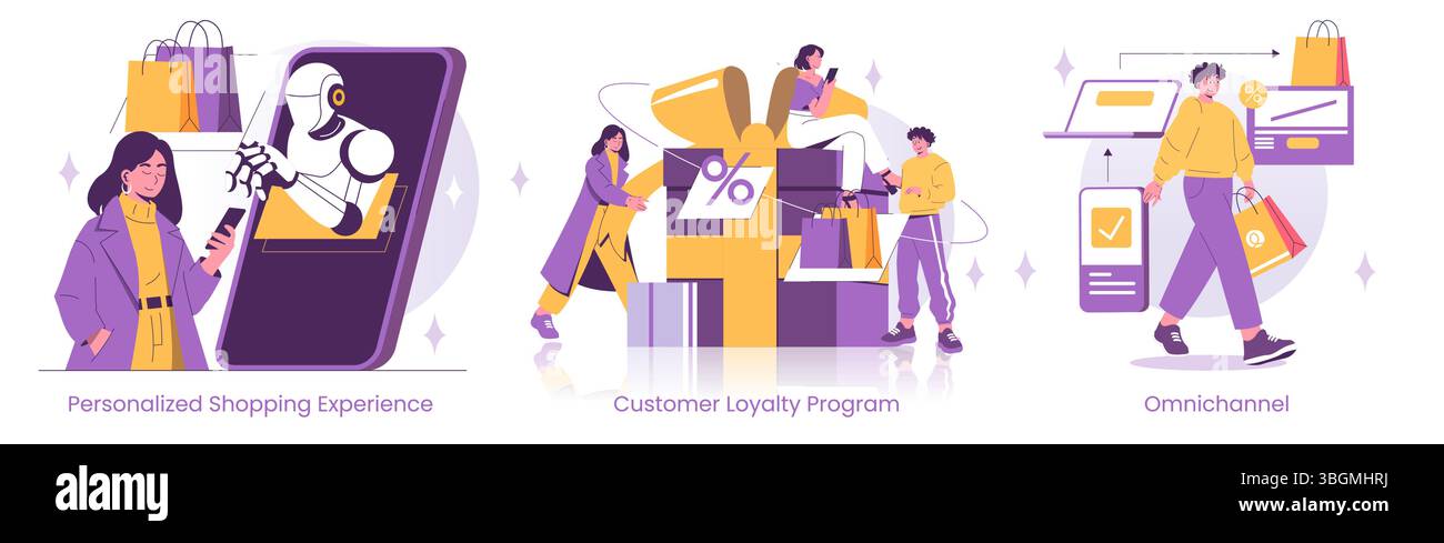 Vektorillustration mit personalisiertem Shopping mit einem Roboterassistenten, Kundenbindungsprogrammen und kanalübergreifenden Einzelhandelsstrategien. Bietet Menschen, die mit Technologie und Prämien interagieren. Stock Vektor