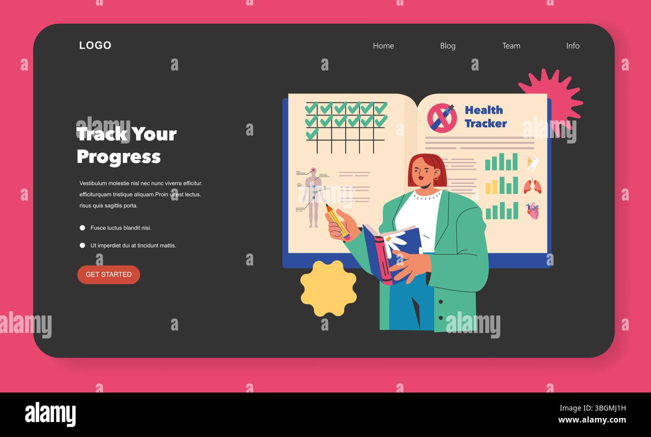 Abbildung zur Statusverfolgung. Eine Person verfolgt ihren Gesundheitsfortschritt anhand von Diagrammen und Statistiken. Visualisiert die Bedeutung der Messung von Gesundheitskennzahlen für bessere Lebensstilentscheidungen. Vektorabbildung. Stock Vektor