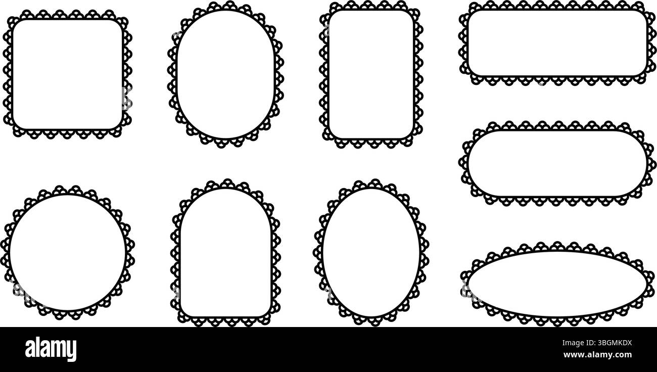 Rahmen mit Schnürkante. Am Rand befindet sich ein Muschelmuster. Ornament in Form von Kreis, Ellipse und Rechteck. Satz von Vektorabbildungen isoliert auf weißem Hintergrund. Stock Vektor