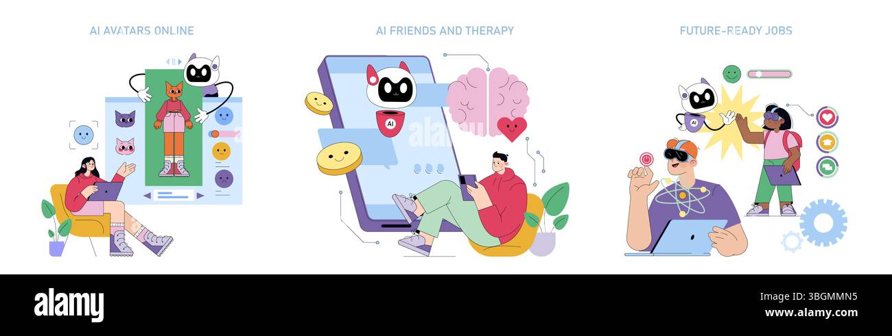 Vektorillustration mit der Auswahl von KI-Avataren, KI-Therapie über Smartphone und zukunftsfähigen Arbeitsinteraktionen mit KI. Zeigt verschiedene technische Anwendungen und Emotionen an. Stock Vektor
