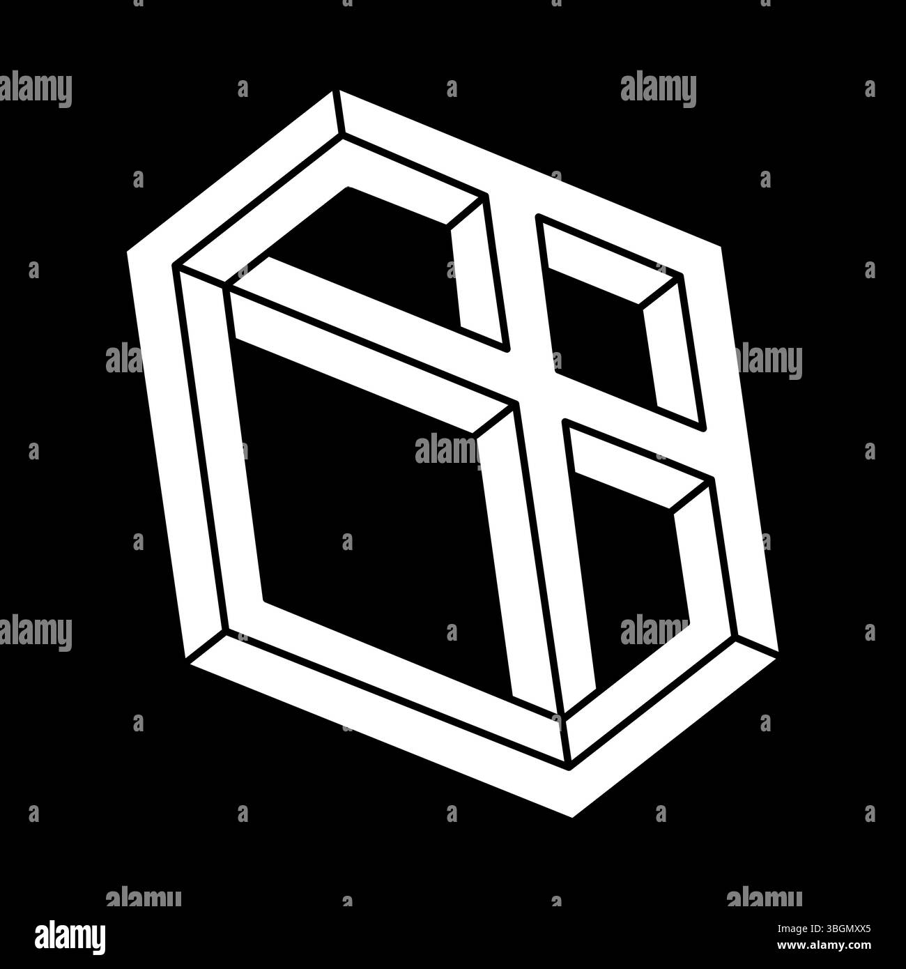 Geometrisches Element, unmögliche Form, die auf einem schwarzen Element isoliert ist. Liniendesign. Escher-Paradoxon. Vektorabbildung. Optische Kunstfigur. Stock Vektor