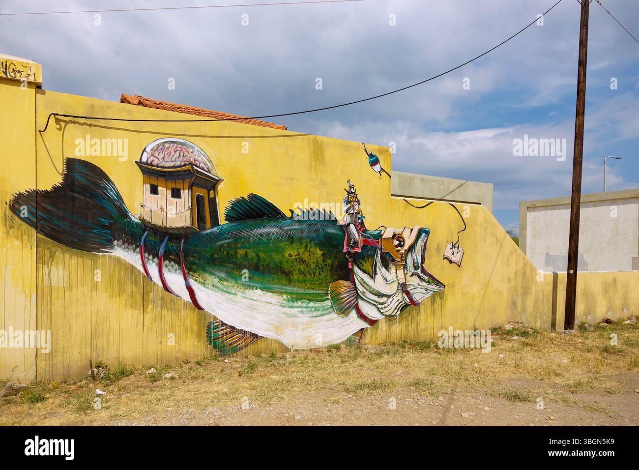 Neo Karlovassi, Street Art Graffiti Riding Enlightenment des Athener Künstlers Billy Gee, geschaffen für das Summer Street Art Festival 2017 auf der Insel Samos in Griechenland Stockfoto