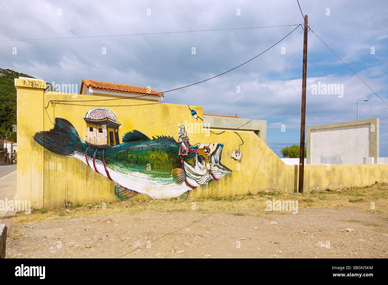 Neo Karlovassi, Street Art Graffiti Riding Enlightenment des Athener Künstlers Billy Gee, geschaffen für das Summer Street Art Festival 2017 auf der Insel Samos in Griechenland Stockfoto
