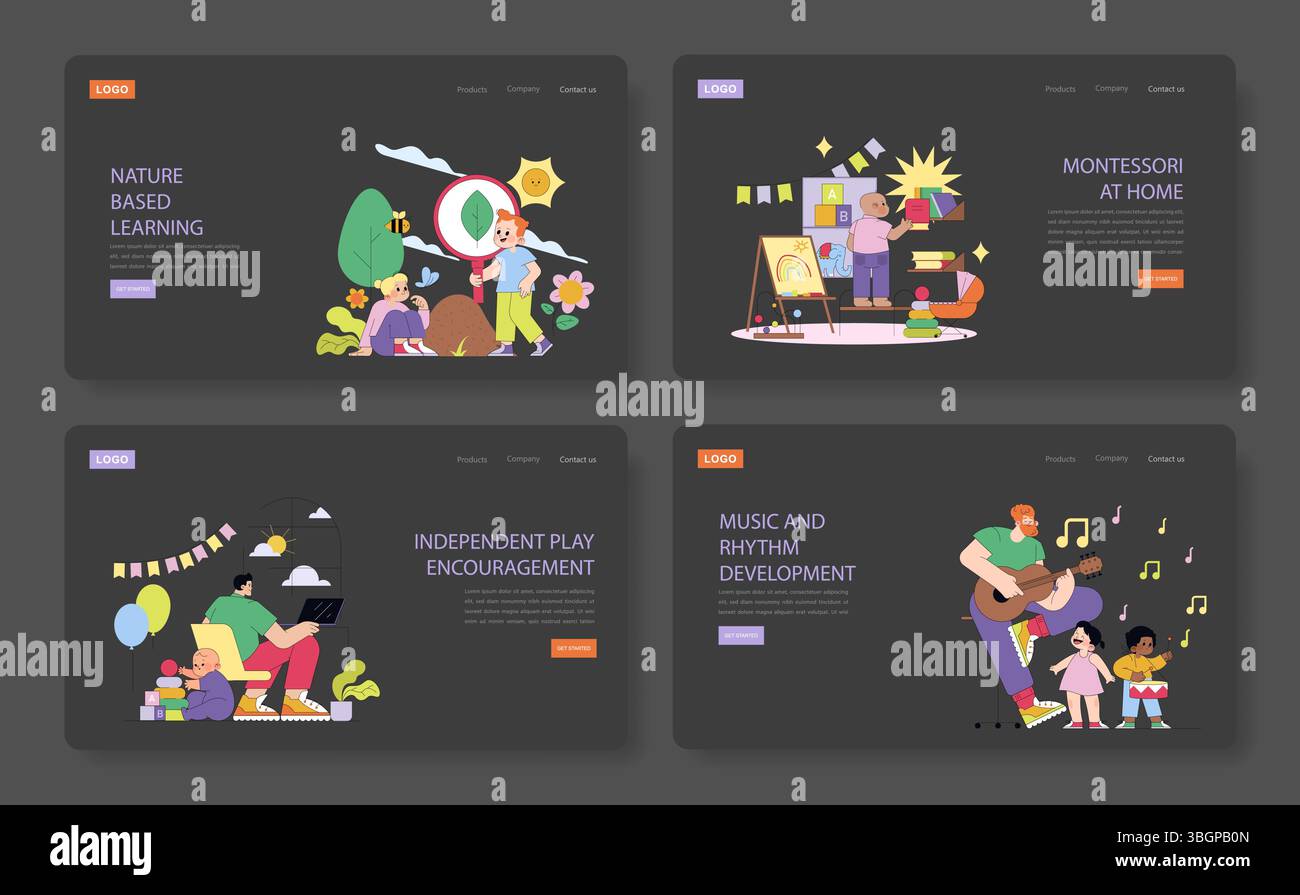 Vektor-Illustration, die Kinder zeigt, die in der Natur lernen, Montessori-Aktivitäten, unabhängiges Spielen mit einem Laptop und Musik-Rhythmus-Entwicklung engagiert sind. Lebendig und lehrreich. Stock Vektor