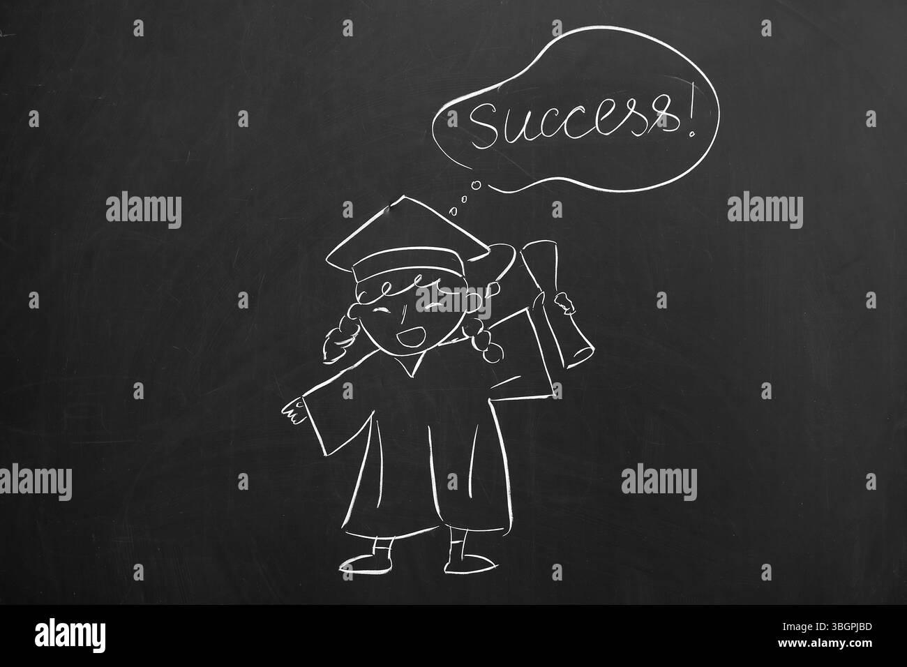 Gezeichnete Studentin und Sprechblase mit WORTERFOLG auf der Tafel Stockfoto