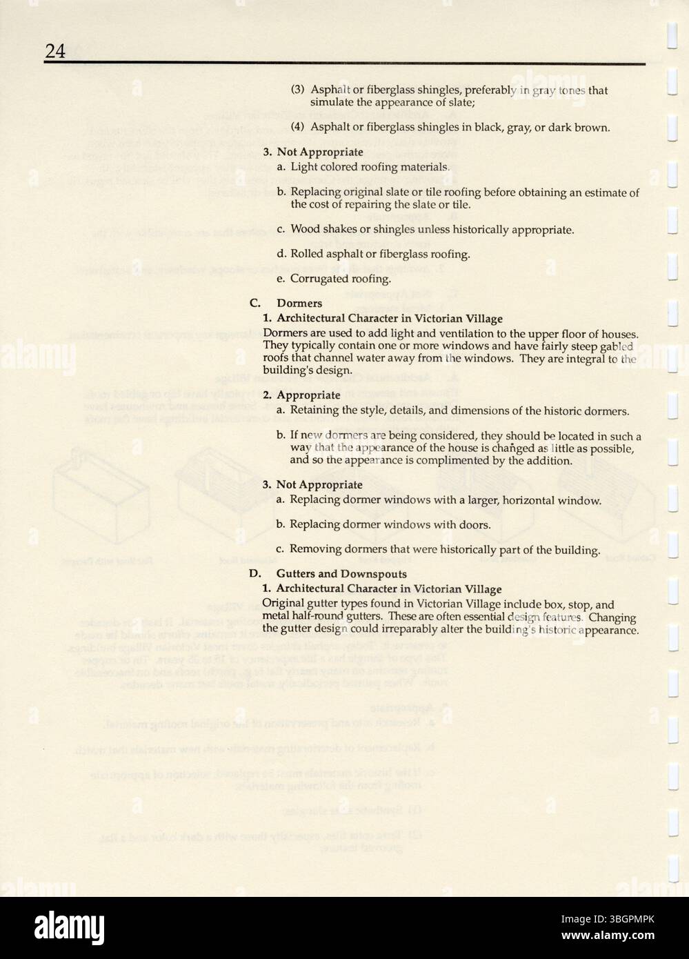 In diesem Abschnitt des Victorian Village Handbook von 1988 werden die Ziele der Victorian Village Commission beschrieben, wobei der Schwerpunkt auf dem Gleichgewicht zwischen der Erhaltung des historischen Charakters der Region und der Förderung einer nachhaltigen Entwicklung liegt. Stockfoto