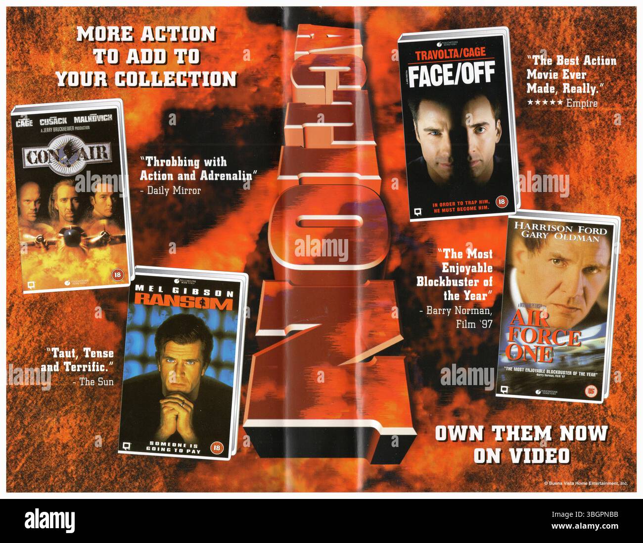 1998 VHS-Katalog mit Actionfilmen von Buena Vista Home Entertainment - Con Air/Face Off/Ransom, Air Force One Stockfoto