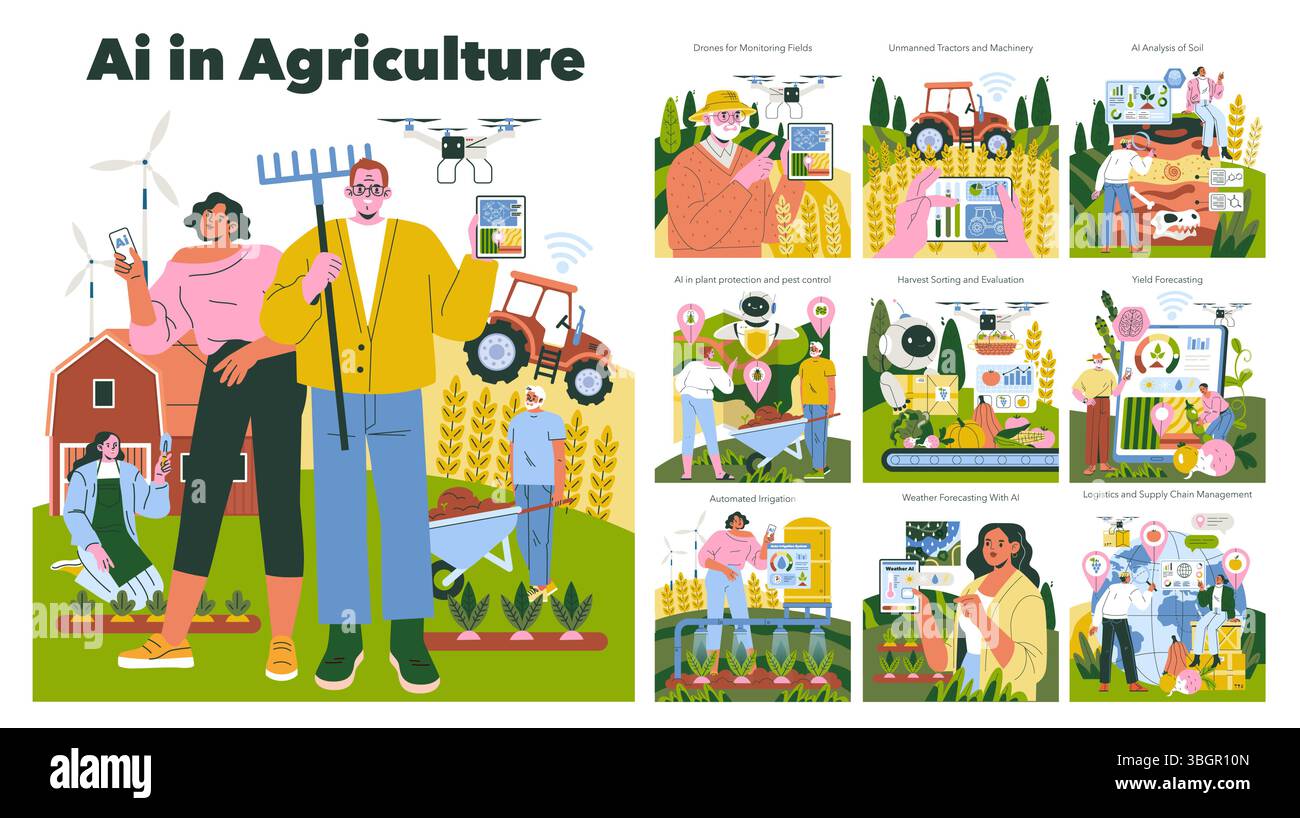 Vektor-Illustration zur KI-Technologie in der Landwirtschaft mit Drohnen zur Überwachung von Feldern, automatisierten Maschinen und digitalen Werkzeugen für Pflanzenschutz, Bodenanalyse und Ertragsprognosen. Stock Vektor