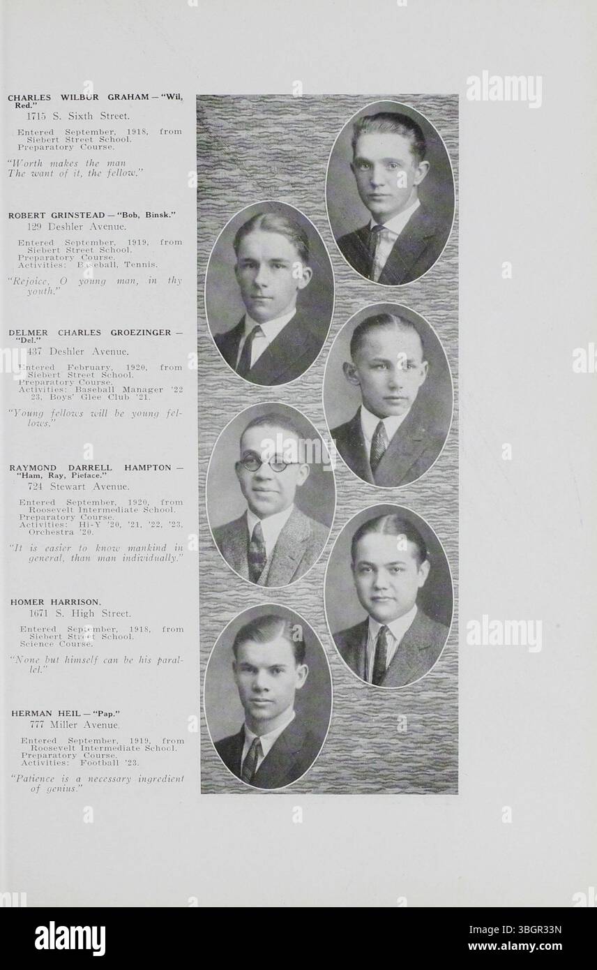 Die 1923 erschienene Ausgabe des Jahrbuchs „The Annual“ der South High School dokumentiert die Geschichte der Schule an verschiedenen Orten in Columbus, Ohio. Die South High wurde 1895 eröffnet und hat mehrere Gebäude belegt. Das Jahrbuch markiert den Übergang zum Gebäude von 1924 in der Ann Street 1160. Das nach dem ersten Schuldirektor benannte Barrett-Gebäude wurde 2006 geschlossen, nachdem es jahrzehntelang in Betrieb war. Stockfoto