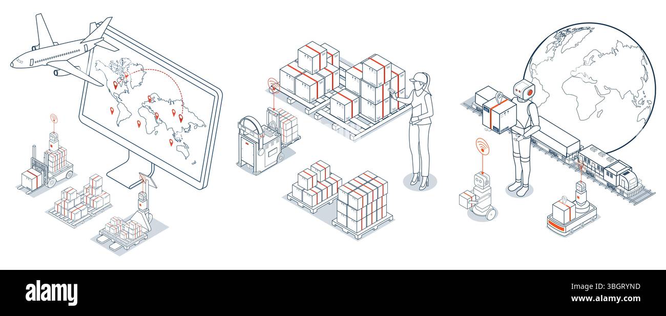 Globales Logistiknetzwerk. Isometrische 3D-Szenen, die Export- und Importoperationen über Luft-, Straßen-, Schienen- und Frachtdienste zeigen. Stock Vektor