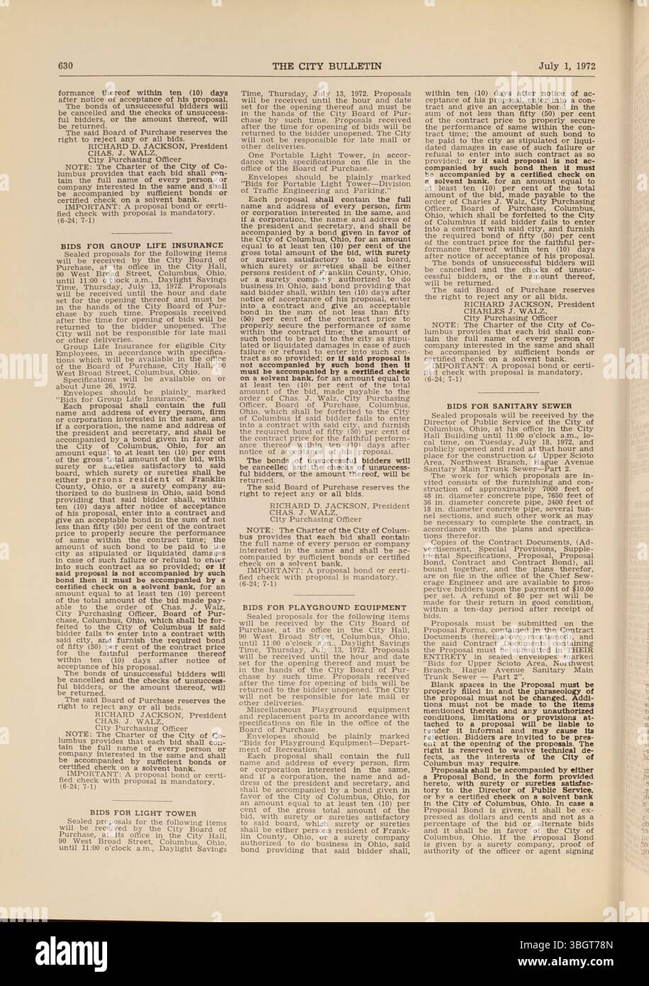Dieser Teil des Columbus City Bulletins von 1972 umfasst die Beratungen des stadtrates, erlassene Verordnungen, öffentliche Dienstvermerke, Kaufausschüsse und Ausschreibungen. Stockfoto