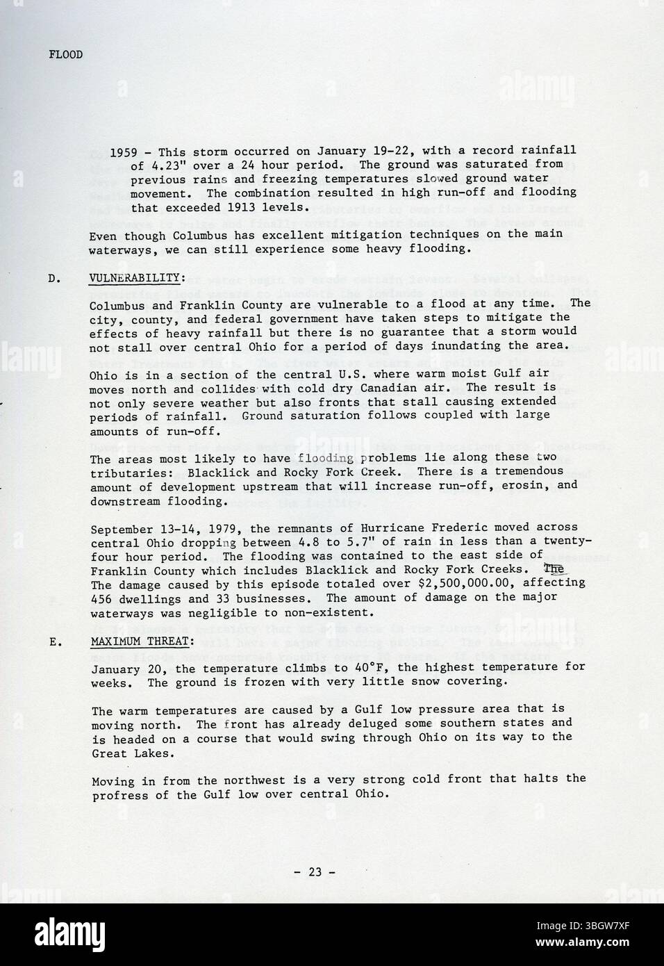 1984 führten Columbus und Franklin County eine Gefahrenanalyse durch, die die 13 häufigsten Gefahren identifizierte. Diese alphabetische Auflistung dient als Leitfaden für regionale Sicherheitsstrategien und Notfallvorsorge. Stockfoto