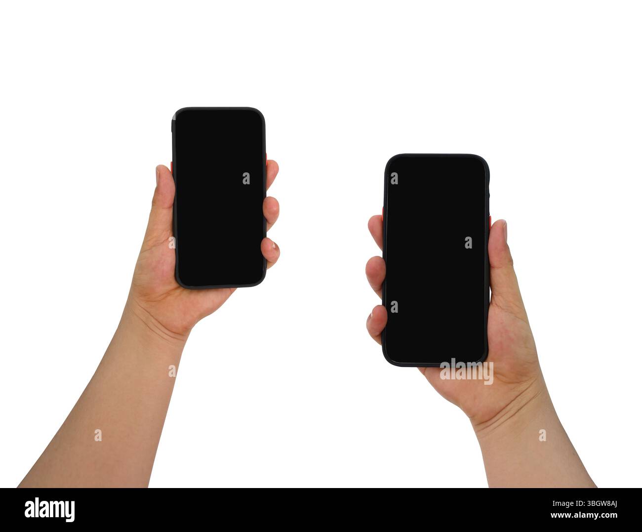 Mit zwei Händen halten Sie schwarze Smartphones mit leeren Bildschirmen und verfügen über Schnittpfade, die moderne Technologie und Kommunikationsmethoden in einem minimalistischen Stil präsentieren Stockfoto