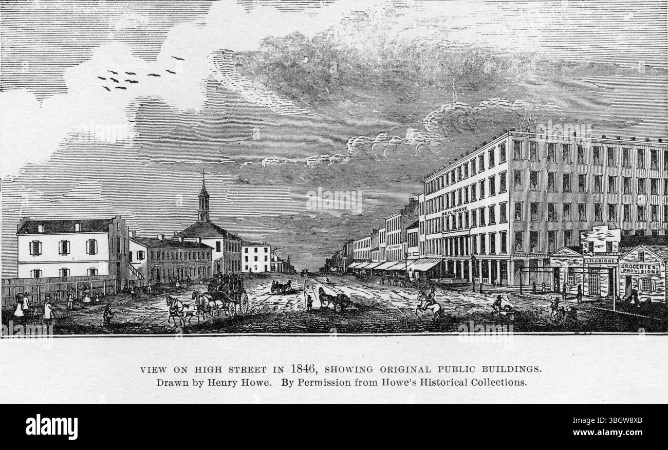 Eine Ansicht von 1846 auf die South High Street in Columbus, Ohio, mit frühen öffentlichen Gebäuden, die die Stadtlandschaft der Stadt Mitte des 19. Jahrhunderts charakterisieren. Das Bild zeigt die frühe Entwicklung der Stadt während der Zeit der westlichen Expansion. Stockfoto