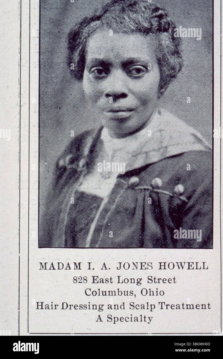 Anna I. Jones Howell (1861–1946) war von 1918 bis 1940 eine Columbus-Kosmetikerin. Sie Betrieb einen Schönheitssalon in der 828 East Long Street und war mit Isaac Howell verheiratet. Stockfoto