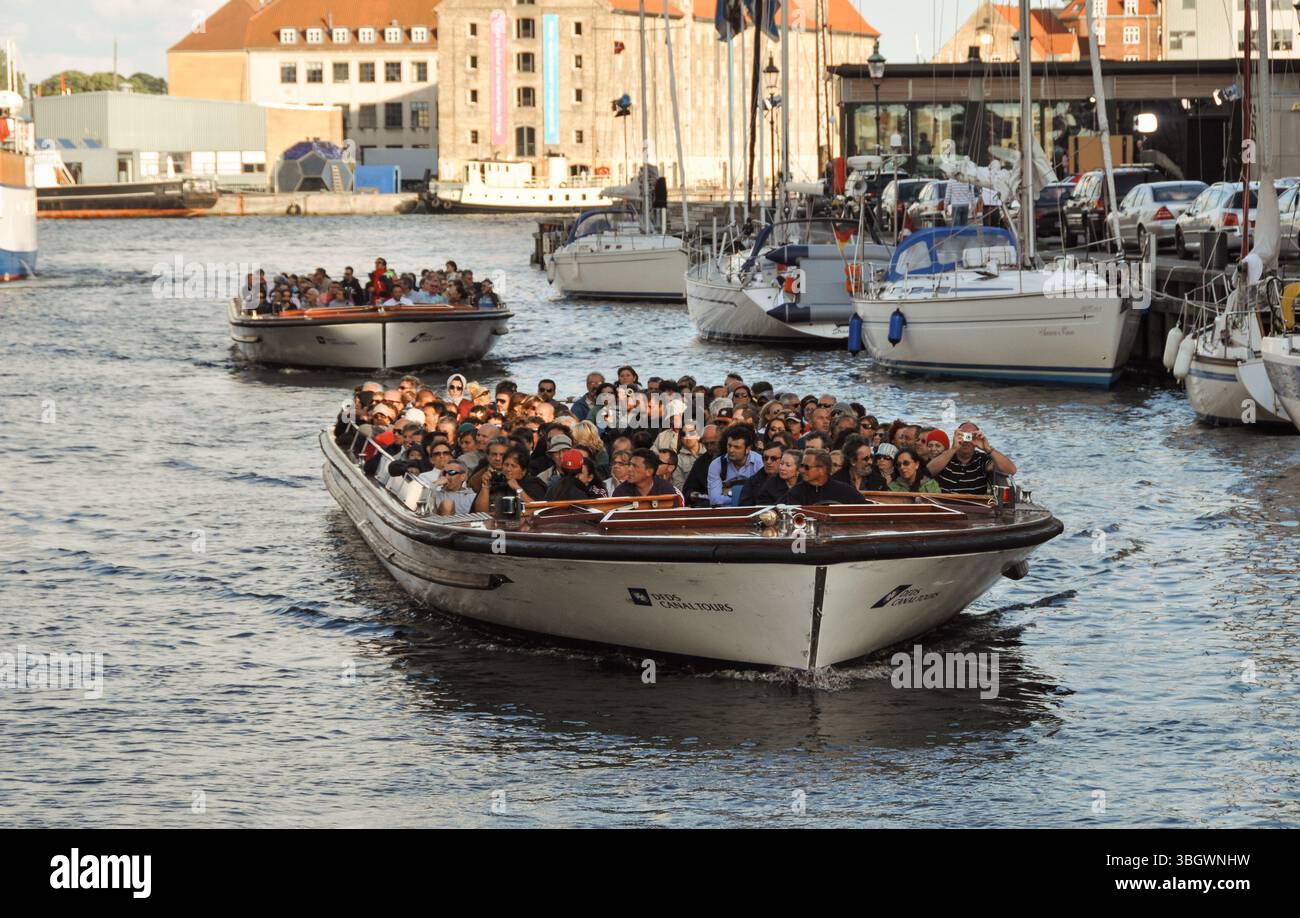 Touristenboot im Nyhavn Kanal mit vielen Touristen. Zwei Boote im Kanal - Besichtigungstour bei Sonnenuntergang. Stockfoto