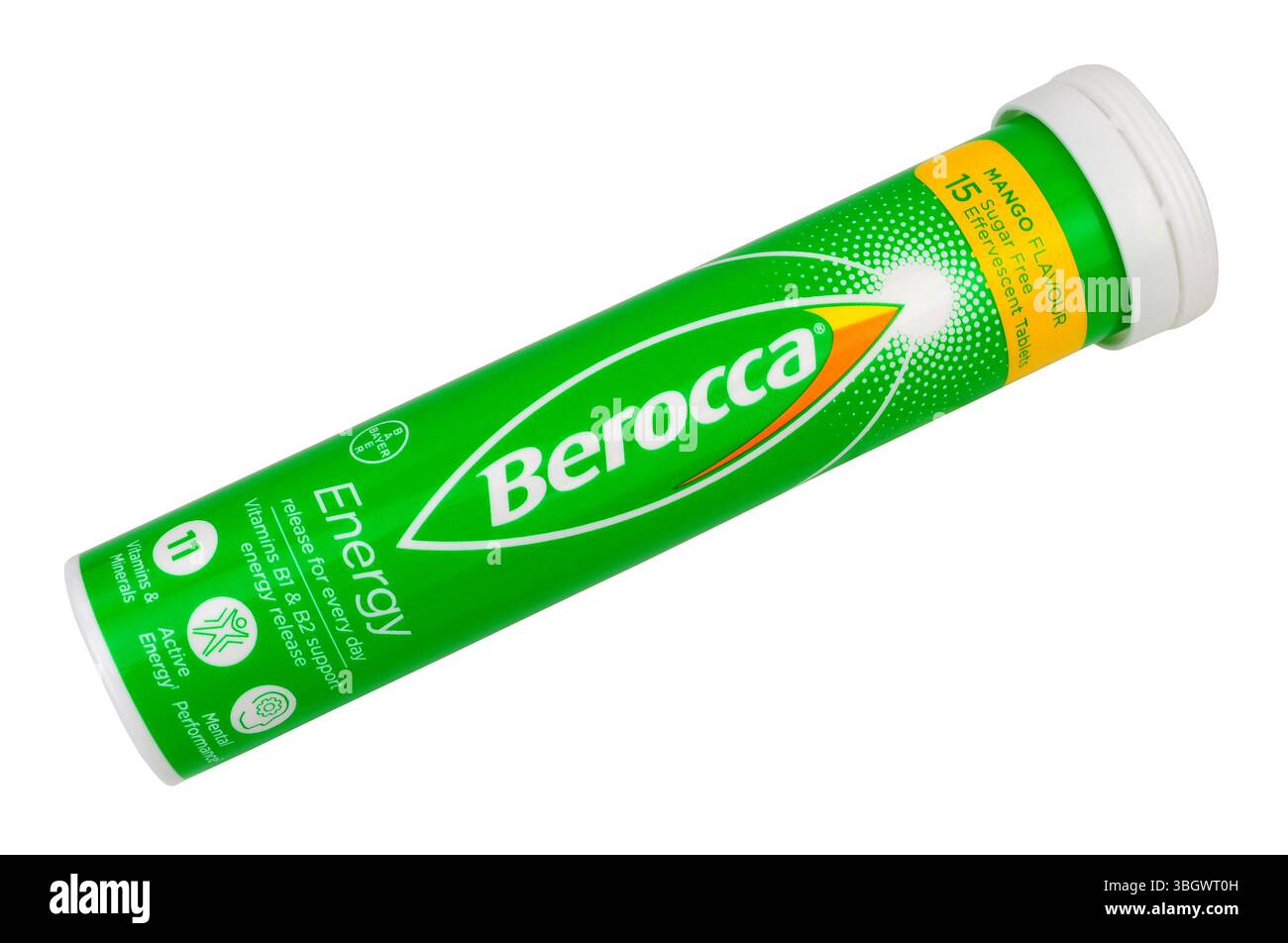 Tube Berocca-Brausetabletten mit Mangogeschmack in einer Tube mit 15 zuckerfreien Multivitamintabletten Stockfoto