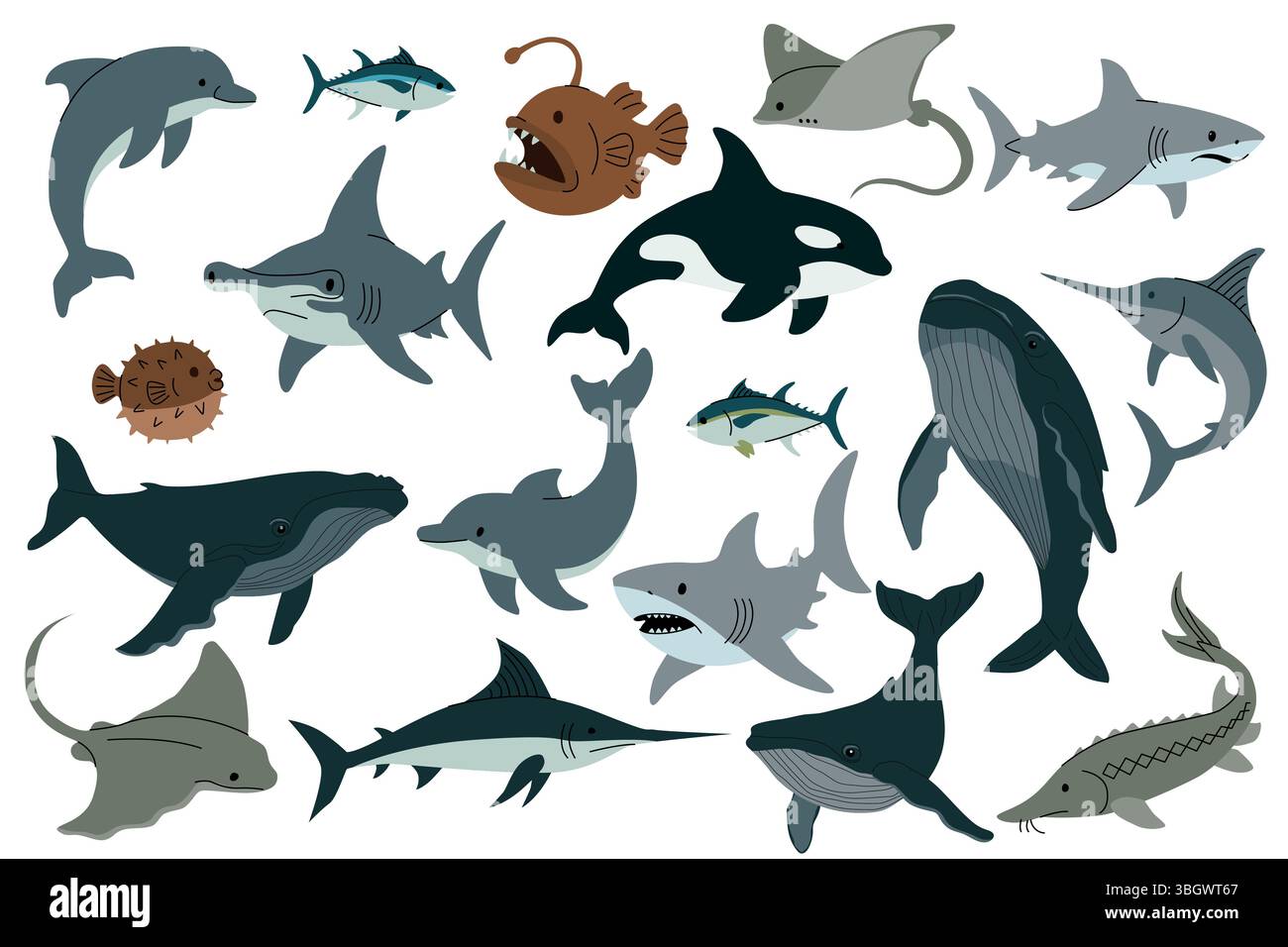 Flache Vektor-Illustration von verschiedenen Meerestieren einschließlich Haie, Delfine, Wale, Stachelrochen, Schwertfisch, Pufferfisch und Seeteufel auf weiß Stock Vektor