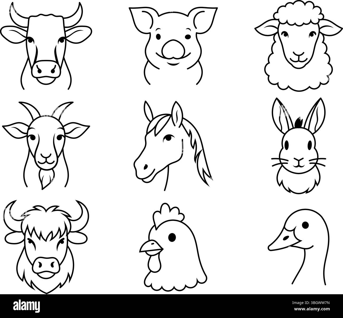 Minimalistische Tierfiguren auf dem Bauernhof. Vektorillustrationen von Stalltieren einschließlich Pferd, Kaninchen, Ziege, Schwein, Kuh, und Ente in einem einfachen Umrissdesign. Stock Vektor
