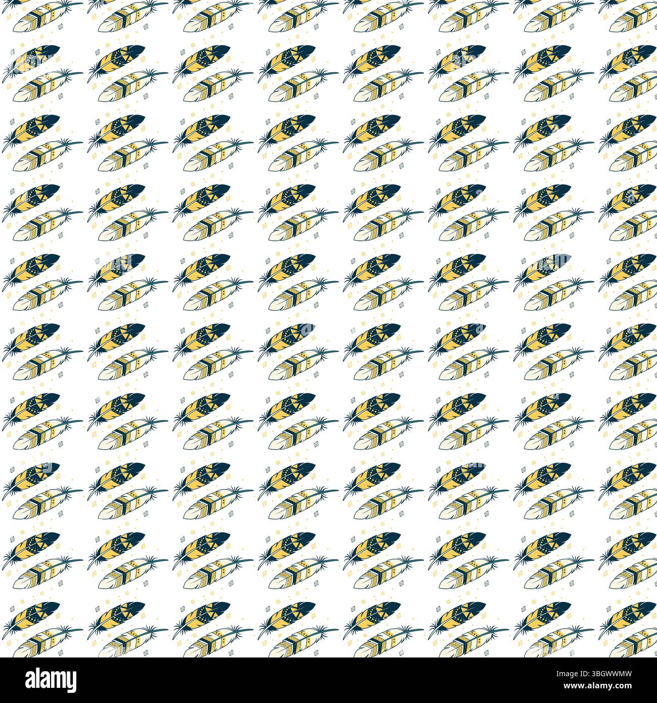 Ein nahtloses Vektormuster mit stilisierten Federn in Gold, Marineblau und weiß. Perfekt für Textilien und Hintergründe Stock Vektor