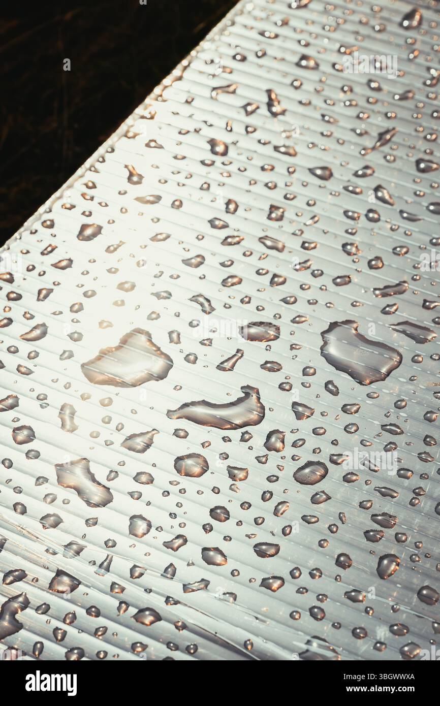 Regentropfen auf glatte Kunststoffoberfläche, Wetter- und Klimakonzept, selektiver Fokus Stockfoto