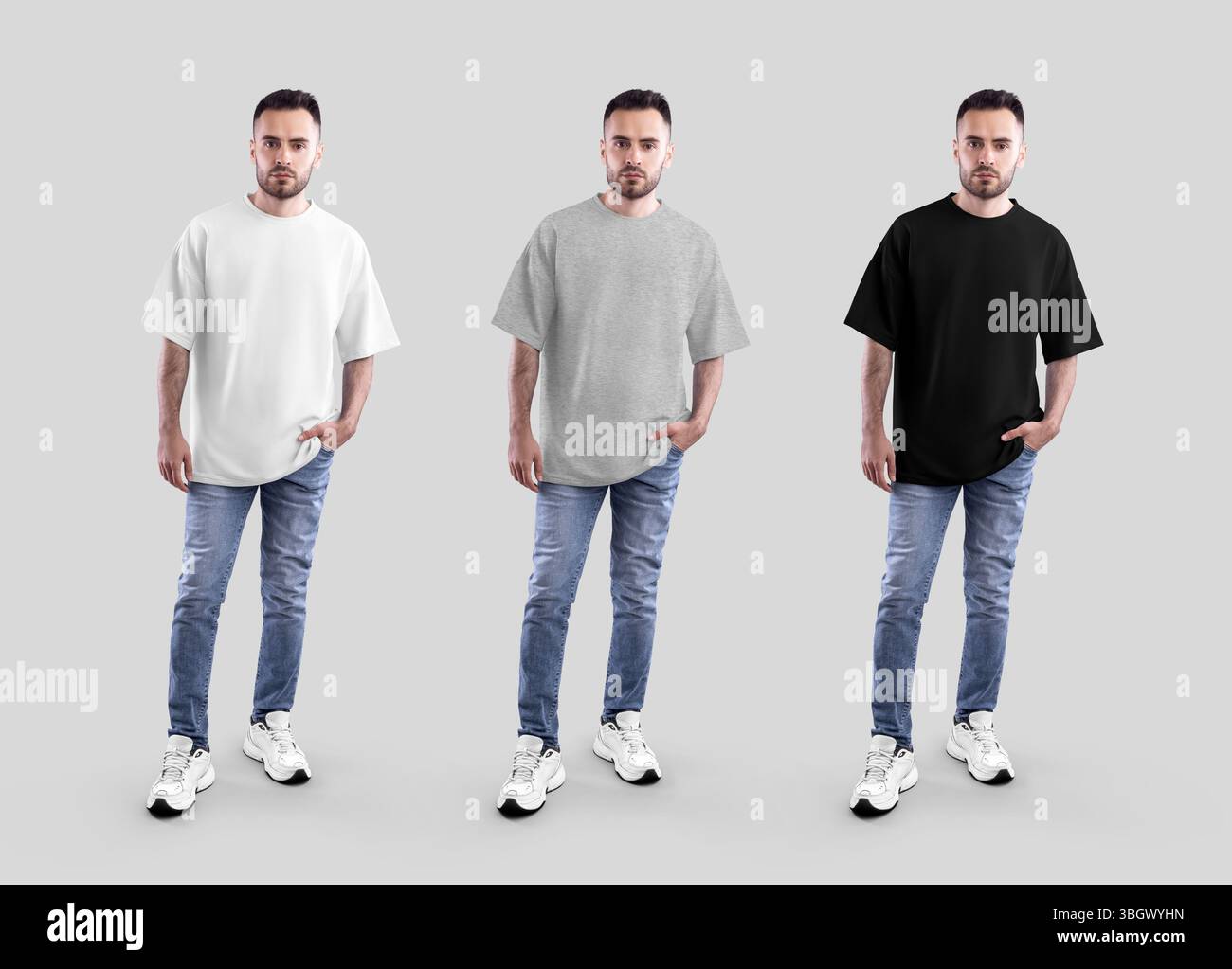 Mockup aus weißem, meliertem, schwarzem Oversize-T-Shirt, langer bärtiger Mann mit Hand in der Tasche, Jeans, Sneakers, Vorderansicht. Set Modescheiden, iso Stockfoto