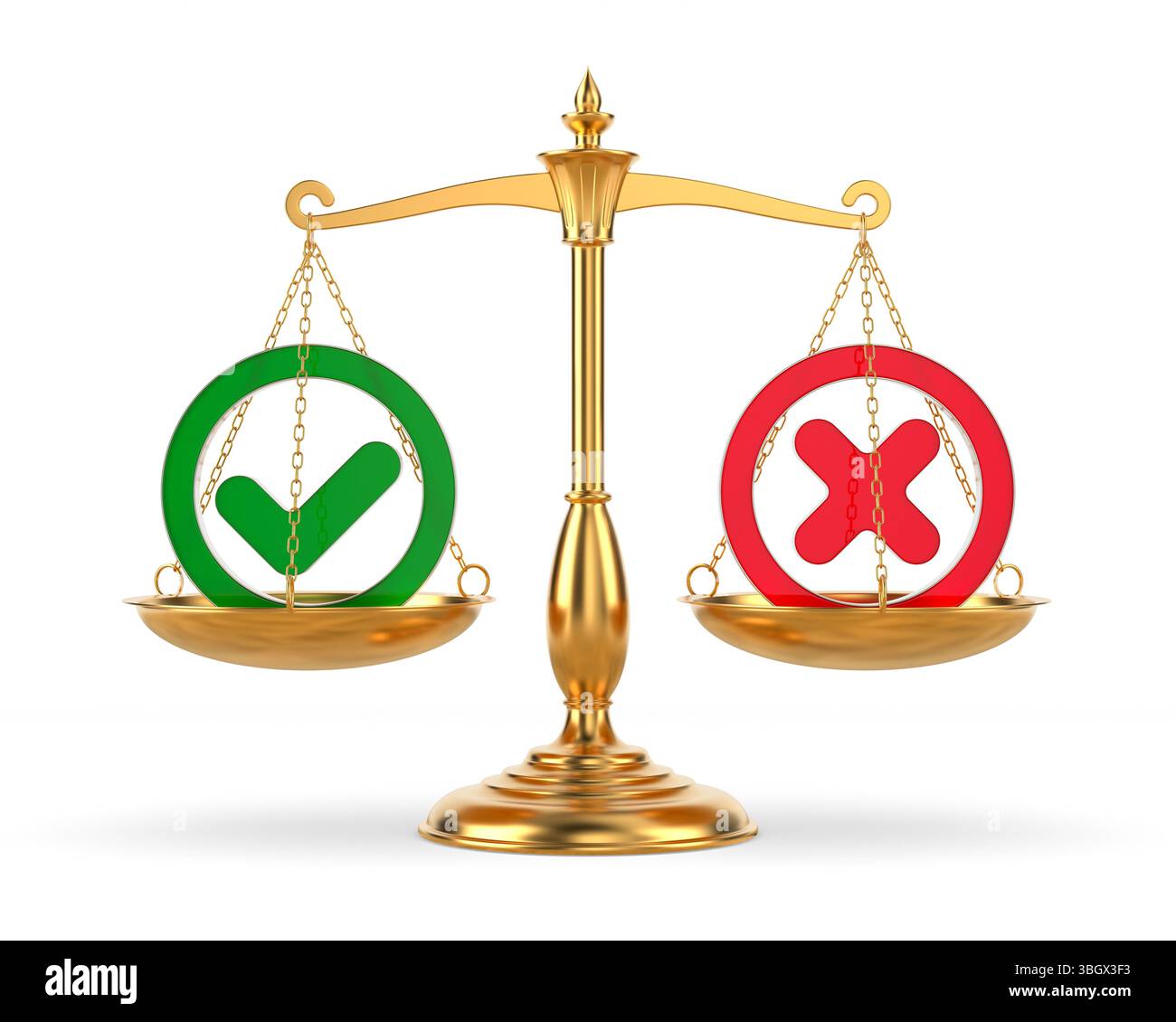 Ablehnungszeichen und Häkchen auf der Skala. Weißer Hintergrund. Isolierte 3D-Darstellung Stockfoto