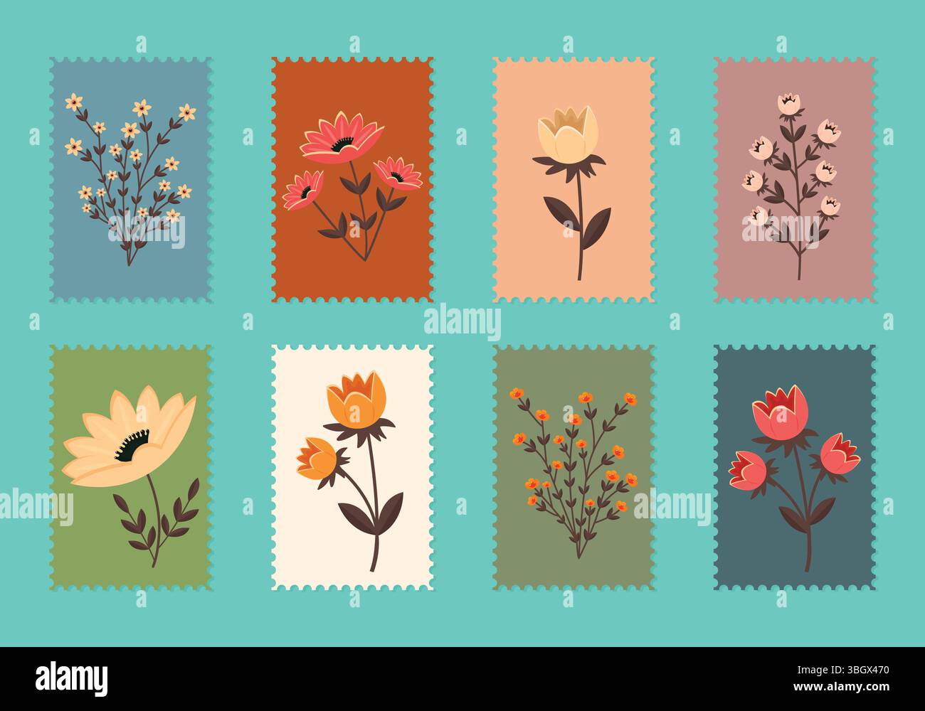 Briefmarken Set mit Retro Blumen flache Vektor-Illustration. Stock Vektor