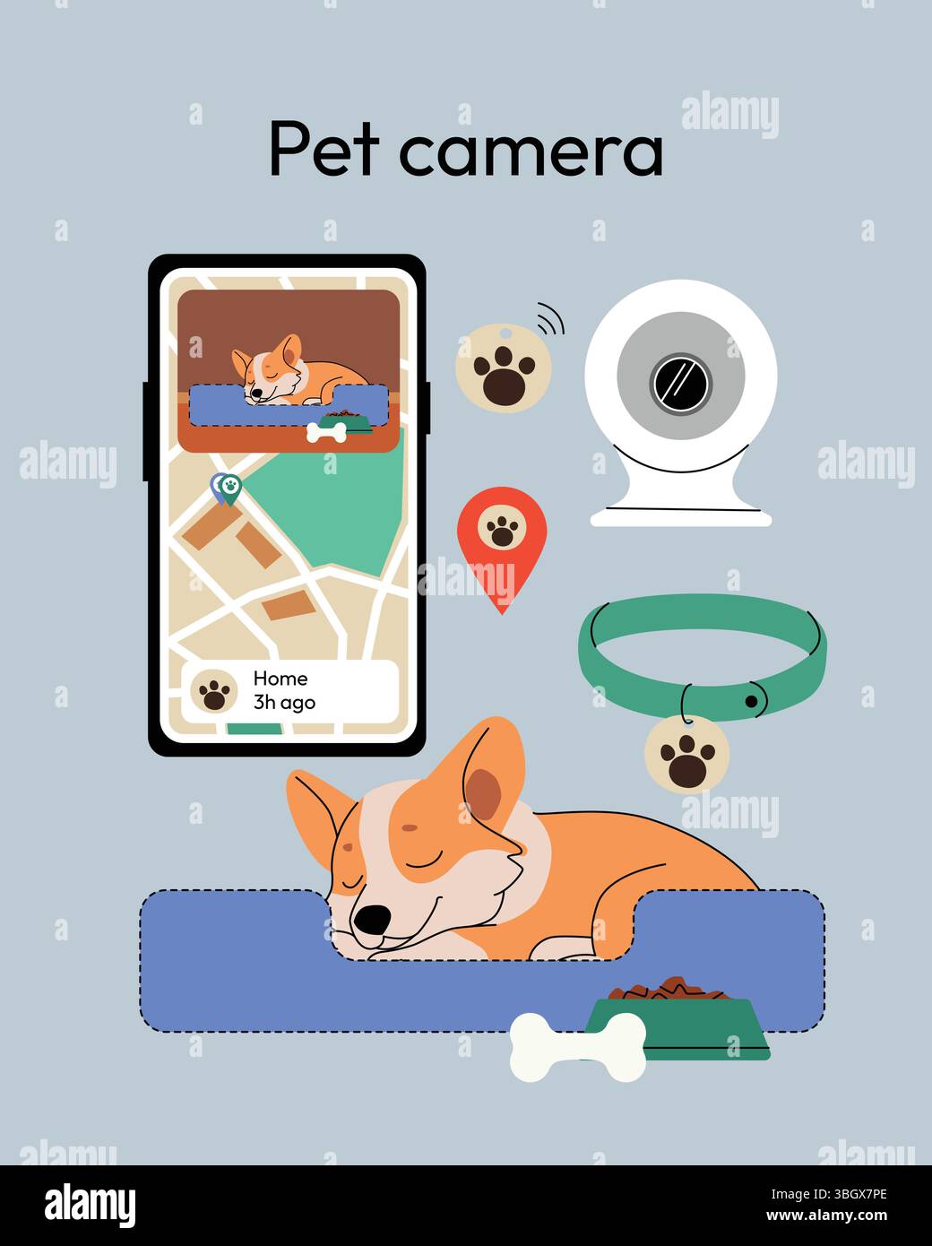 PET-Kamerasystem mit einem schlafenden Corgi, einem Smartphone mit Live-Tierfutter, einem intelligenten Halsband und einer Überwachungskamera. Modernes Haustier Stock Vektor
