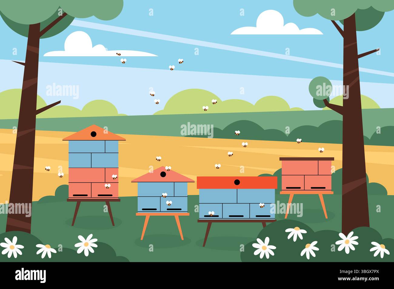 Illustration eines friedlichen Bienenhauses mit bunten Bienenstöcken auf einer Wiese, umgeben von Bäumen, Blumen und fliegenden Bienen. Konzept für die Imkerei Stock Vektor
