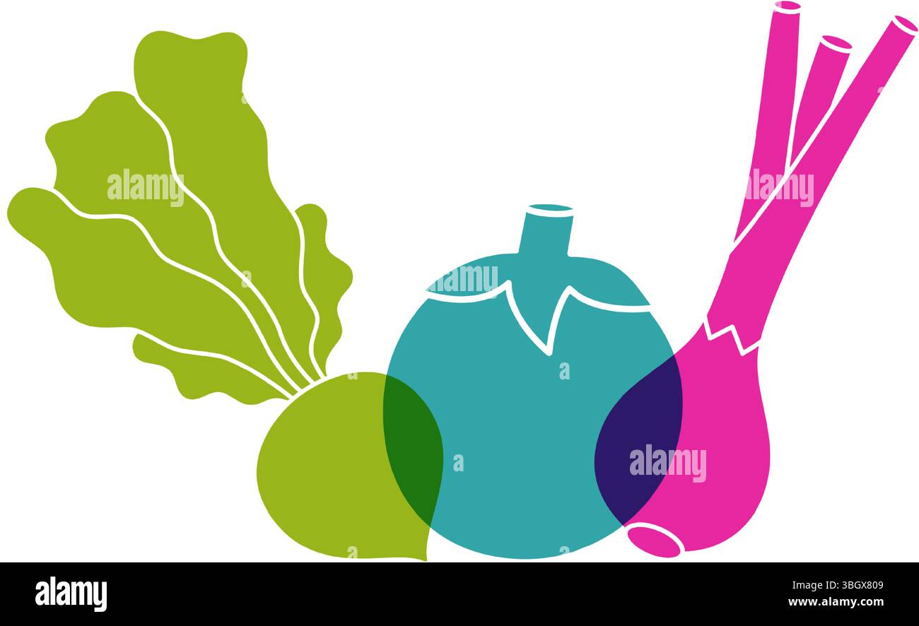 Farbsymbole für frisches Gemüse. Rüben, Tomaten, Zwiebeln. Symbol für natürliche Lebensmittel. Logotypvorlage für ökologische/biologische Betriebe. Vektorabbildung. Stock Vektor