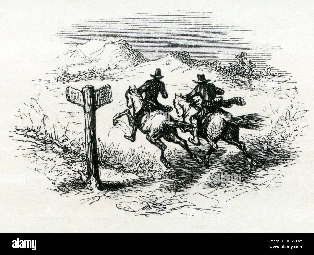 1843 Französische Buchseite mit Holzstich Vignette - Reiter an einer Kreuzung - 1843 Voyage ou il vous Plaira Illustration Stockfoto