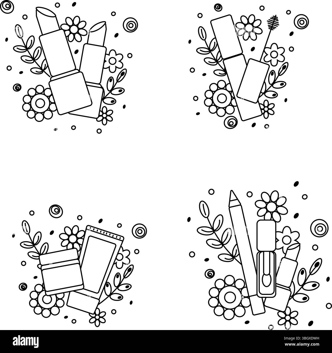 Make-up-Produkte mit Blumen und Blättern Komposition Set. Vektorgrafik-Strichdarstellung. Schwarz-weiß süße Kosmetik-Make-up-Kunst. Illustration für Stock Vektor