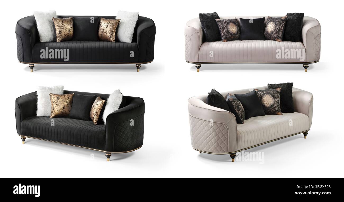 Sofa isoliert auf weißem Hintergrund. Ansicht mit verschiedenen Winkeln Stockfoto