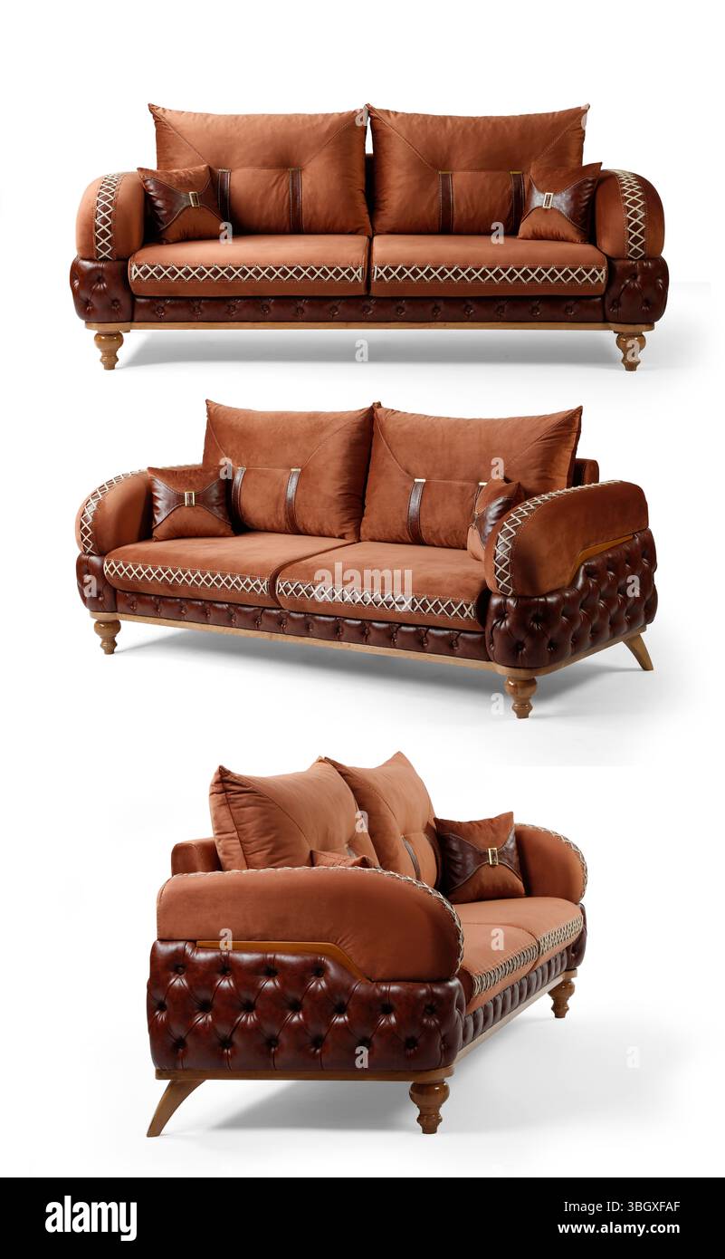 Sofa isoliert auf weißem Hintergrund. Verschiedene Blickwinkel Stockfoto